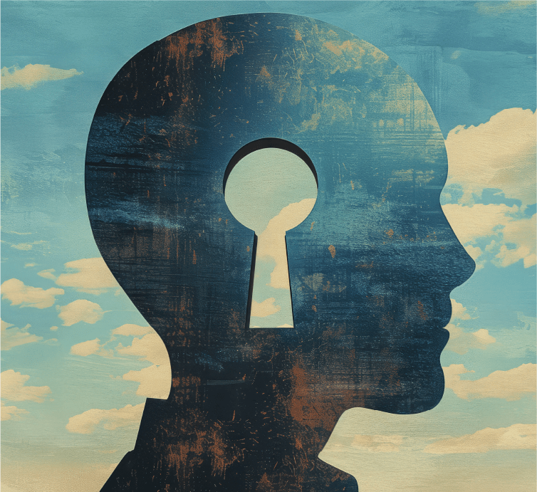 Silhouette of a human head with a keyhole against a sky background representing individual counseling by a Clinical Psychologist in Benoni