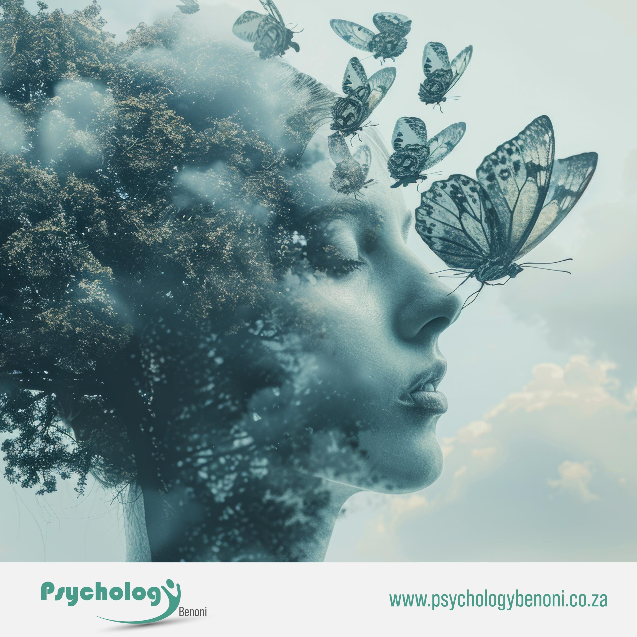 Composite image of a human profile with tree branches and butterflies symbolizing trauma counseling sessions by Psychology Benoni