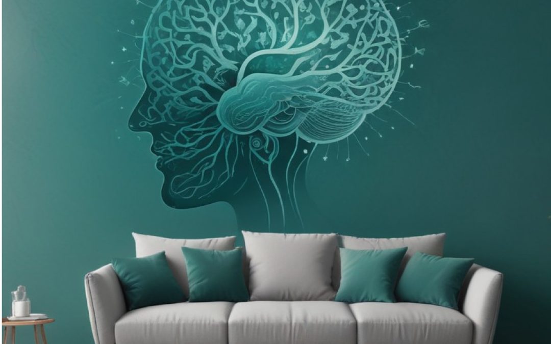 Illustration of a human brain as a tree above a sofa symbolizing individual counseling sessions by Psychology Benoni