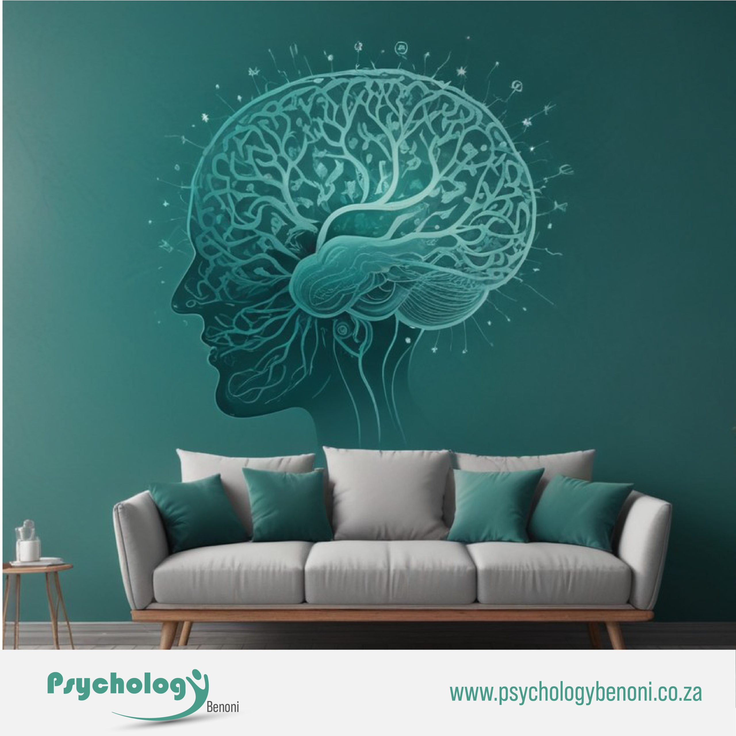 Illustration of a human brain as a tree above a sofa symbolizing individual counseling sessions by Psychology Benoni