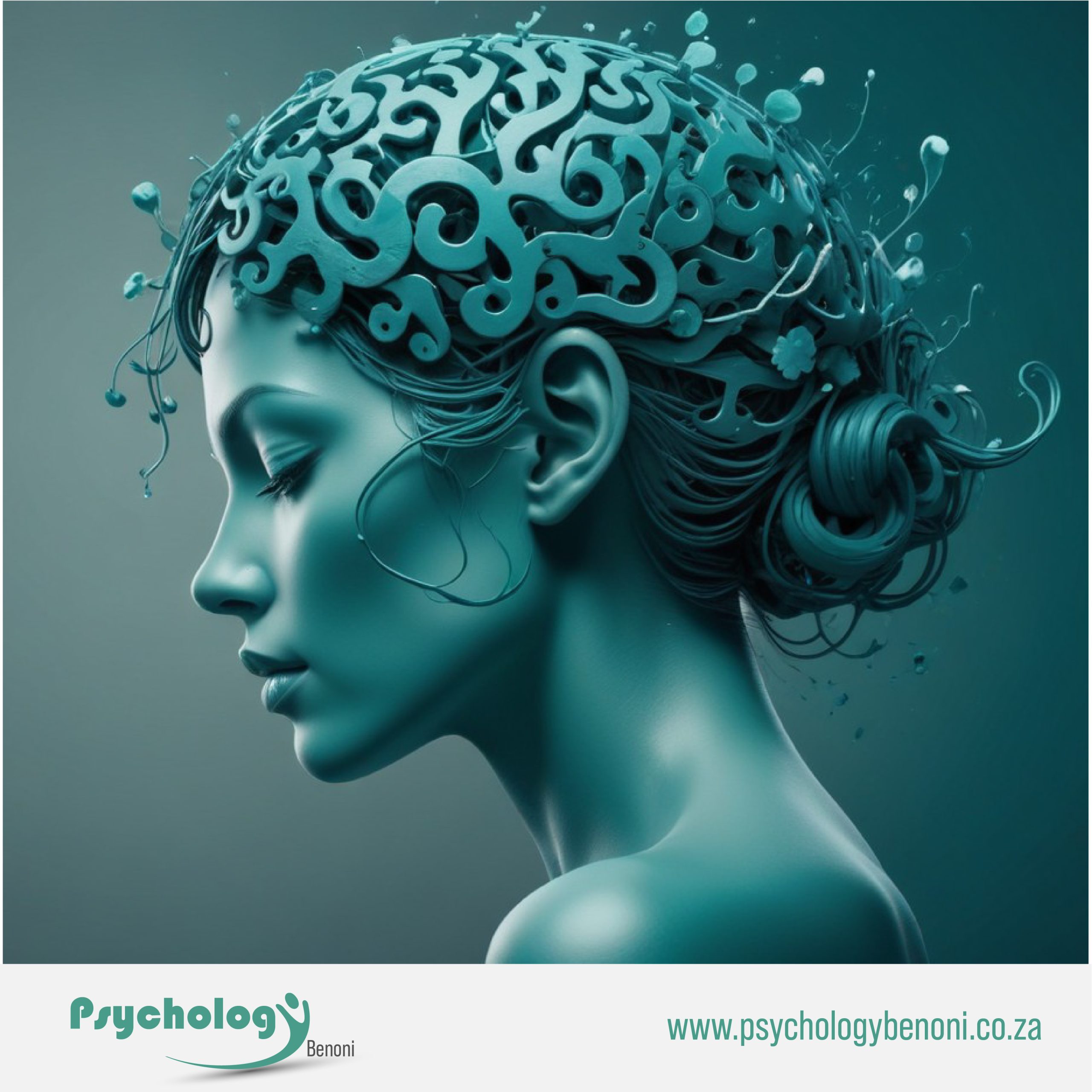 Artistic profile of a woman's head with intricate brain design symbolizing grief counseling by Psychology Benoni