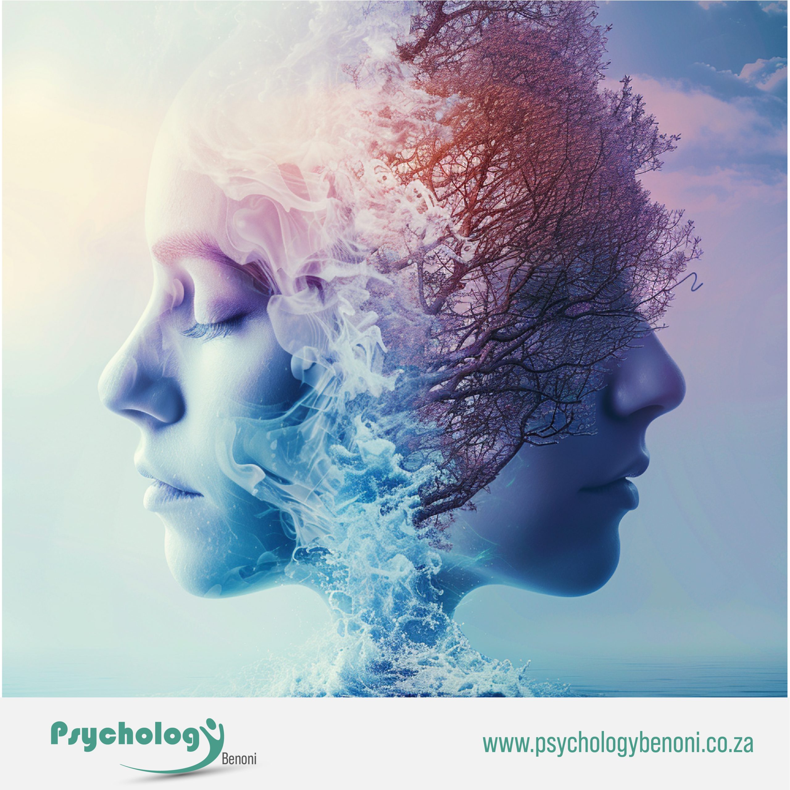 Artistic representation of two human faces with one side depicting water and the other side a tree, symbolizing family counseling by Psychology Benoni